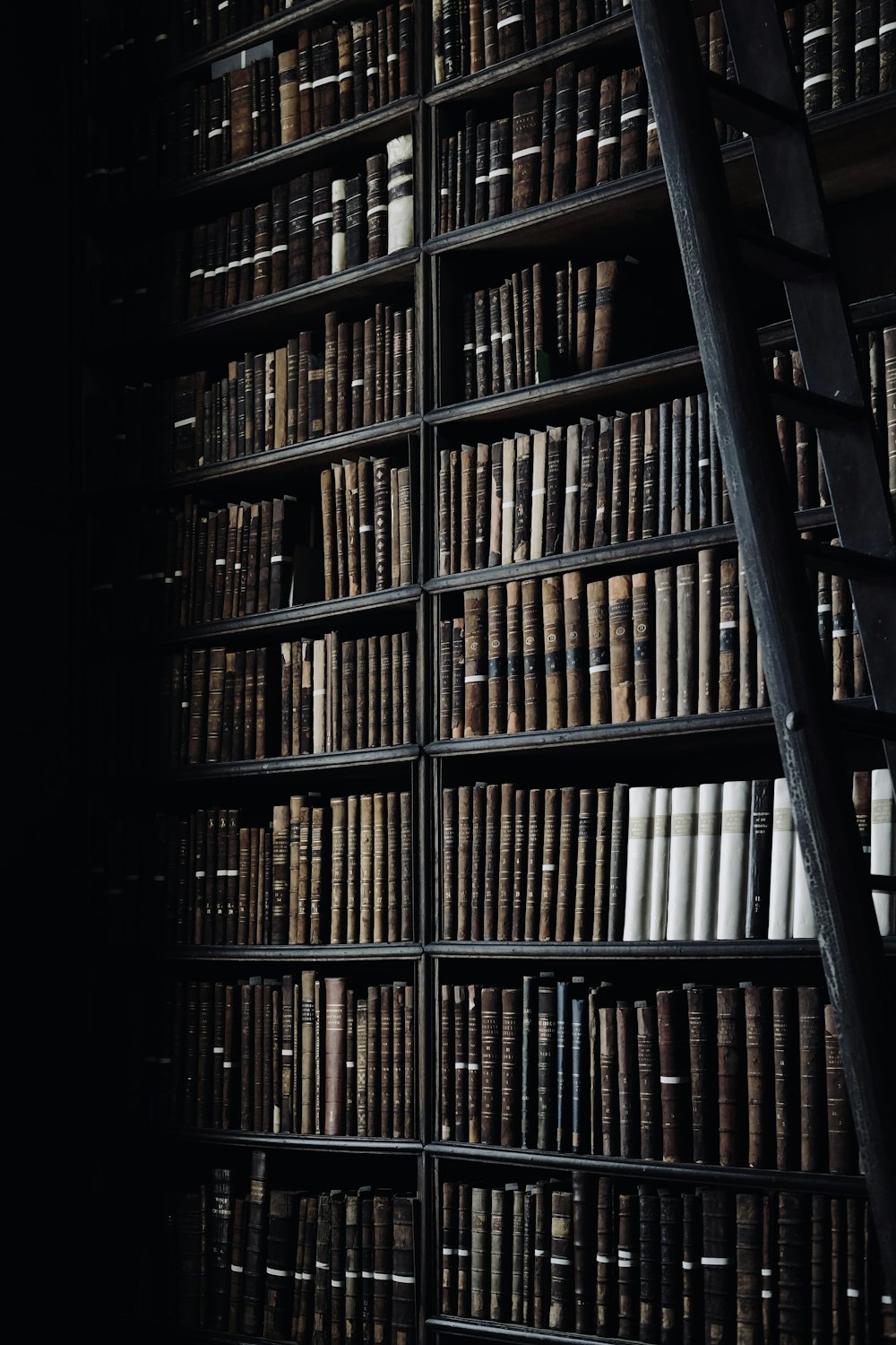 a ladder leaning against a bookshelf filled with books