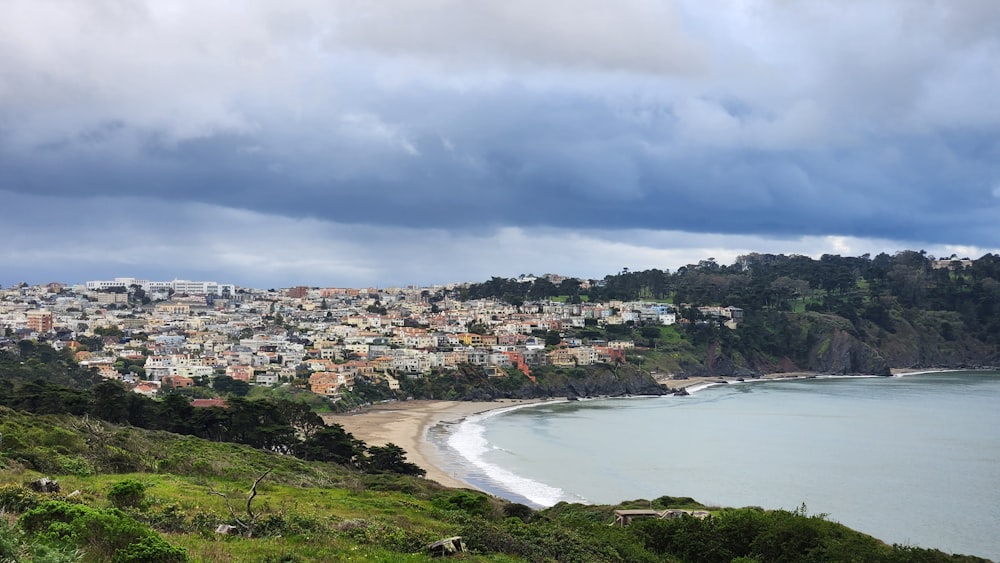 a view of a beach with a city in the background