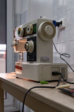 A sewing machine is placed on a wooden table, with various knobs and dials visible on its front panel. The machine appears to be an older model with a white and beige color scheme. It is plugged into a power outlet, and there are some sewing accessories and tools nearby. The background consists of a tiled wall and a window, allowing natural light to illuminate the scene.
