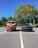 A bright red vintage Volkswagen van and a modern gray sedan are parked next to each other in a parking lot under a clear blue sky. The area is surrounded by lush green trees, and each vehicle is parked within designated parking spaces.