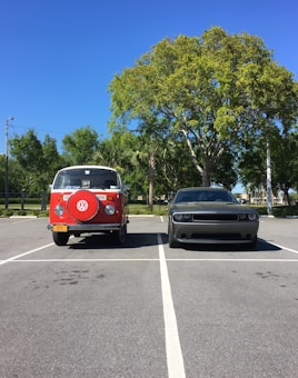 A bright red vintage Volkswagen van and a modern gray sedan are parked next to each other in a parking lot under a clear blue sky. The area is surrounded by lush green trees, and each vehicle is parked within designated parking spaces.