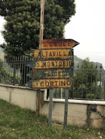 A weathered signpost with multiple directional arrows points toward various destinations including S. Croce, Altavilla, Montorio, and Cortino. The sign is set against a backdrop of lush greenery and a metal fence, with a concrete wall and grassy area in the foreground.