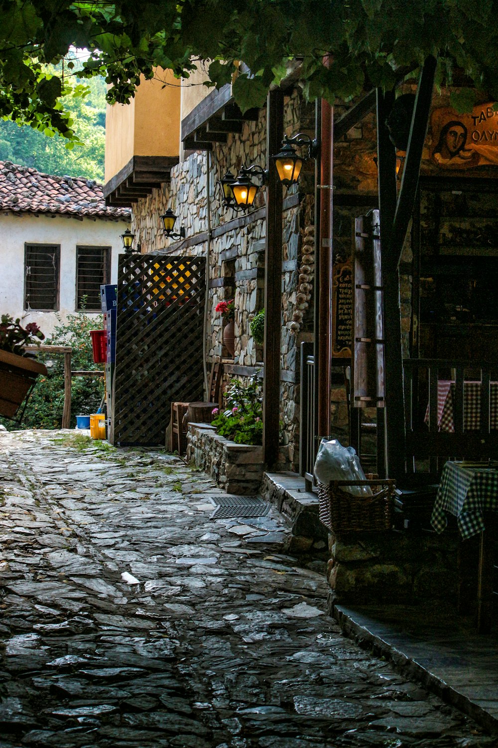 a cobblestone street in a small village