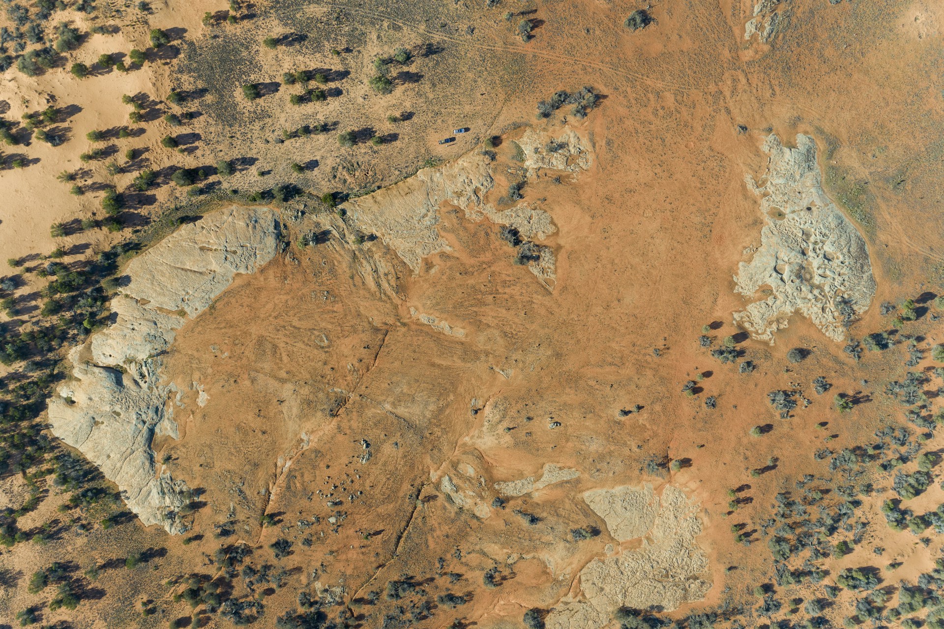 an aerial view of a barren area with trees