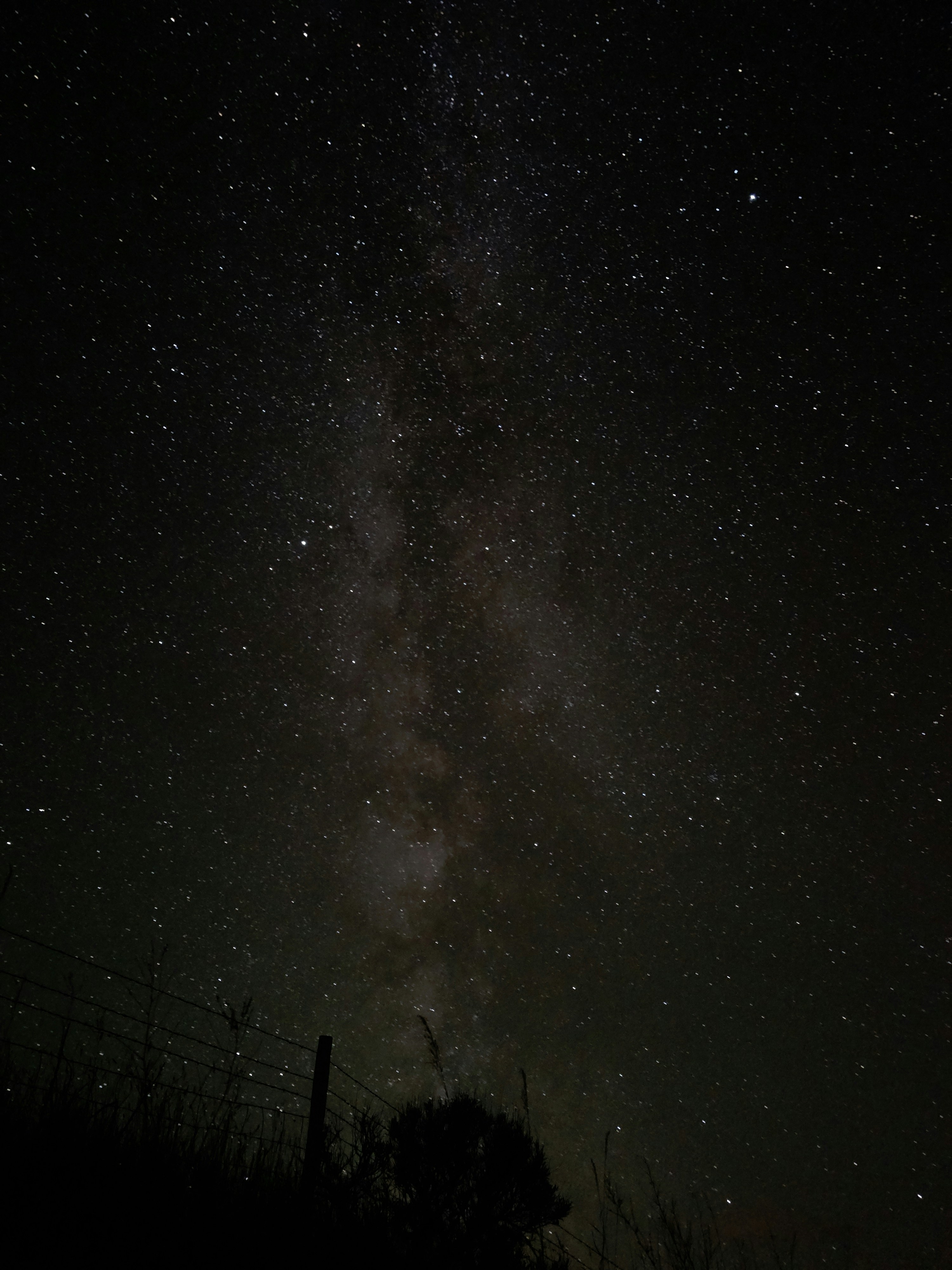 Night sky with milky way over silhouetted dark landscape, infinite stars in deep indigo black, profoundly quiet and still