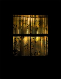 Dimly lit window with floral curtains, casting shadows and creating a warm, intimate atmosphere. The fabric appears to have a repetitive pattern of branches and leaves, evoking a sense of nature.