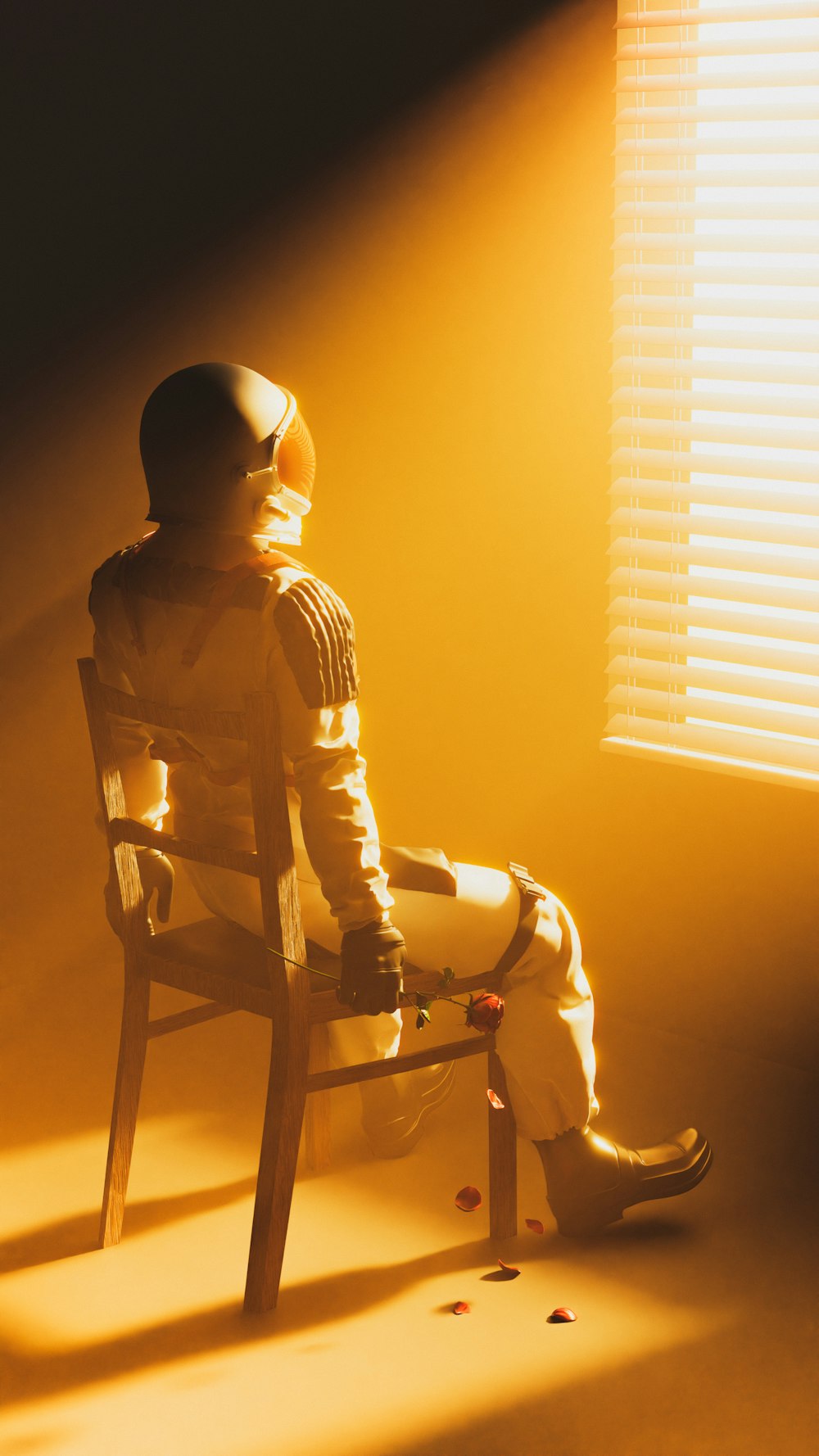 a person sitting in a chair with a helmet on