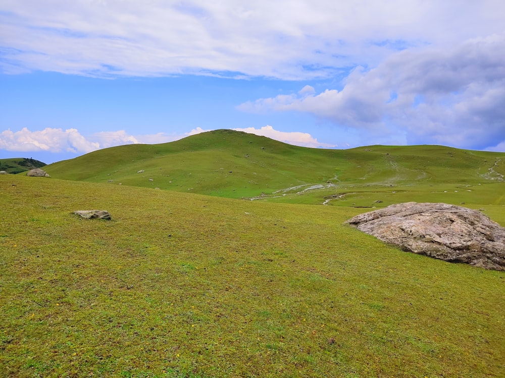 a grassy field with a large rock in the middle of it