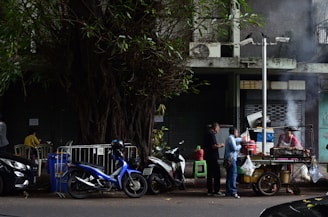 A street food vendor serves customers at a mobile cart under a large tree. The scene includes two men engaged in conversation next to the cart, which is emitting smoke, suggesting grilled food. Multiple motorcycles and a blue scooter are parked alongside the curb, while another person sits behind a metal railing closer to the tree.