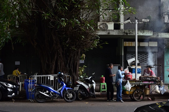 A street food vendor serves customers at a mobile cart under a large tree. The scene includes two men engaged in conversation next to the cart, which is emitting smoke, suggesting grilled food. Multiple motorcycles and a blue scooter are parked alongside the curb, while another person sits behind a metal railing closer to the tree.