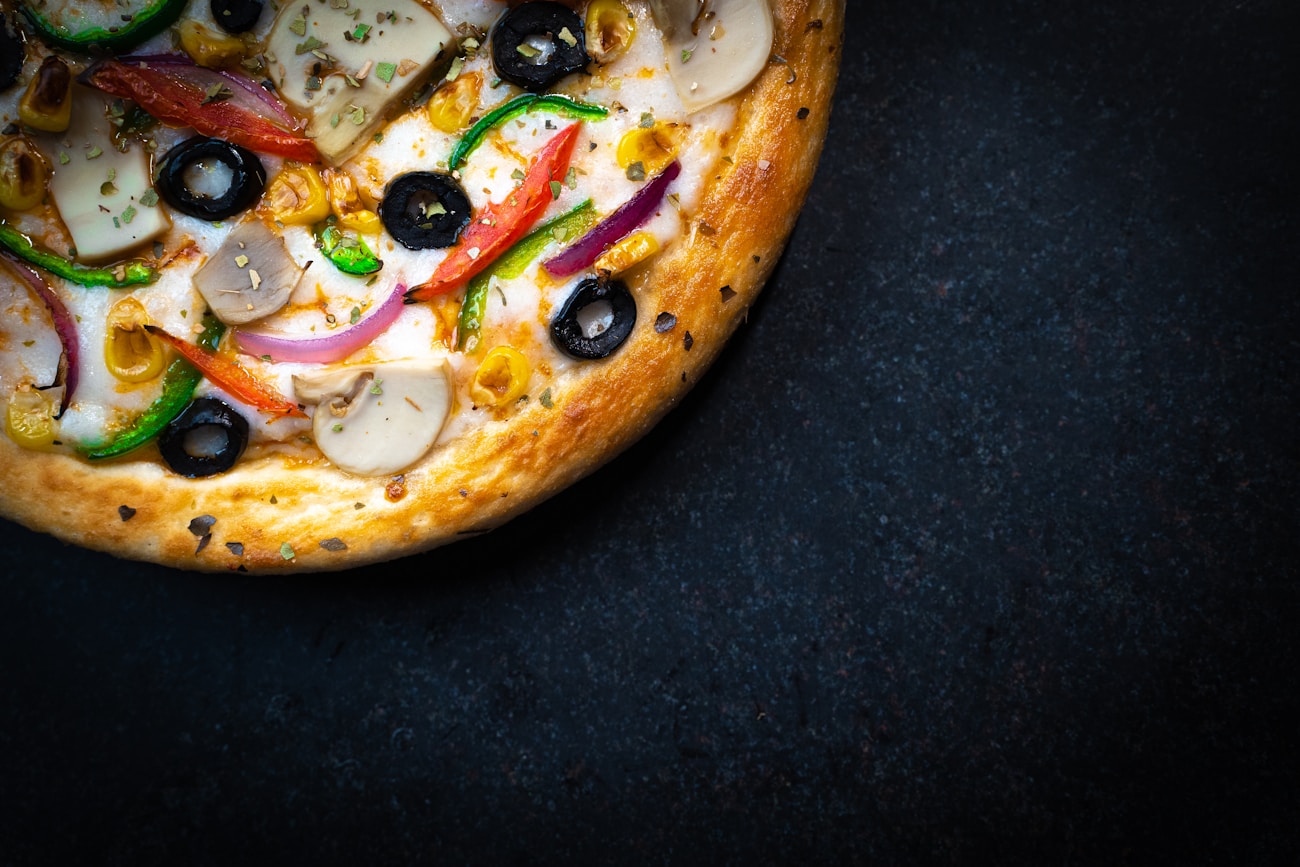 Close up of artisan pizza in a food photography setup