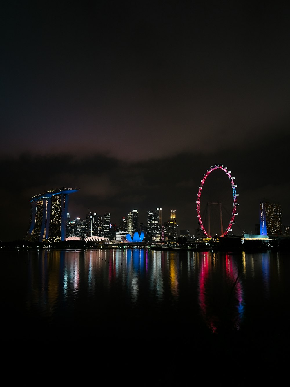 a city skyline with a ferris wheel lit up at night