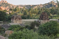 Ancient temples carved into rock cliffs surrounded by lush greenery.