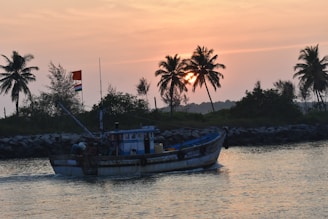 A fishing boat sails along a calm waterway during sunset. The sun sets behind a line of palm trees, casting a warm glow over the scene. The sky is painted in shades of pink and orange, while the boat is silhouetted against the light. A flag with red, white, and blue stripes flies from the boat.
