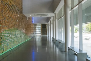 Sophisticated hallway showcasing a mix of decorative coatings with clean lines and natural light