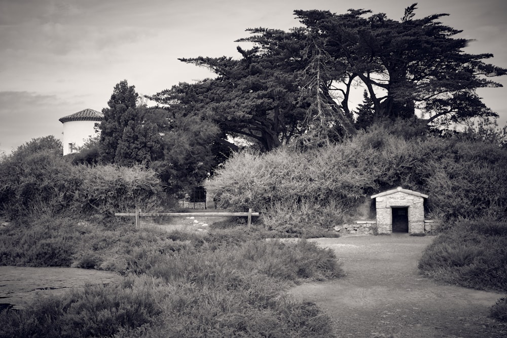 a black and white photo of a house on a hill