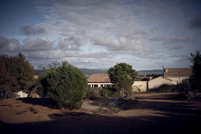 A rural landscape showcasing a few small houses with tiled roofs amidst lush greenery, including large trees and bushes. The setting appears calm and natural with a dirt pathway leading towards the houses. The horizon features hilly terrain under a wide, partly cloudy sky, suggesting an open countryside atmosphere.