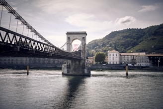 a bridge over a body of water with buildings in the background
