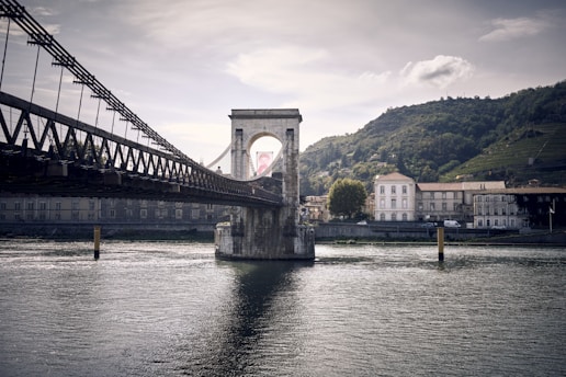 a bridge over a body of water with buildings in the background