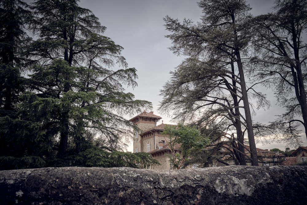 a house surrounded by trees on a cloudy day