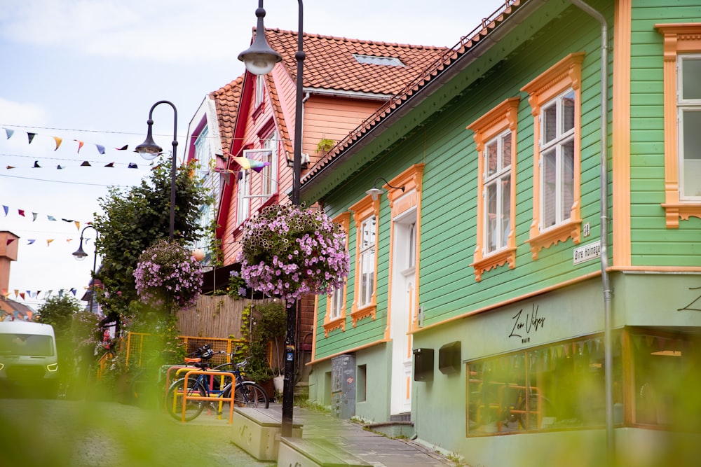 a row of colorful houses on a city street