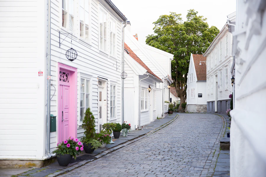 Cobbled lane of white houses in old Stavanger, Norway
