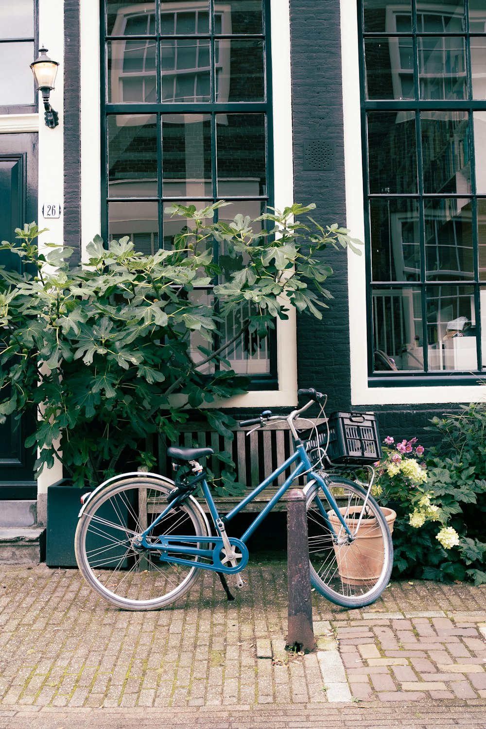 a blue bicycle parked in front of a building