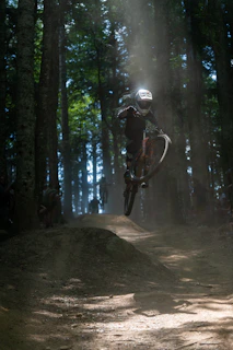 A rider catching air over a dirt jump on a sunny day in the forest
