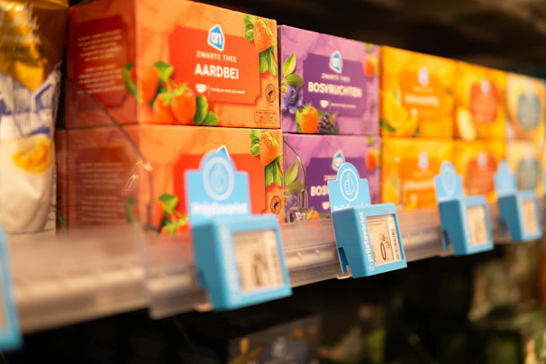Various brightly colored tea boxes are displayed on a supermarket shelf, with labels indicating different flavors such as strawberry, forest fruits, and citrus. The focus is on the red and purple boxes of tea, with a slight blur in the background.