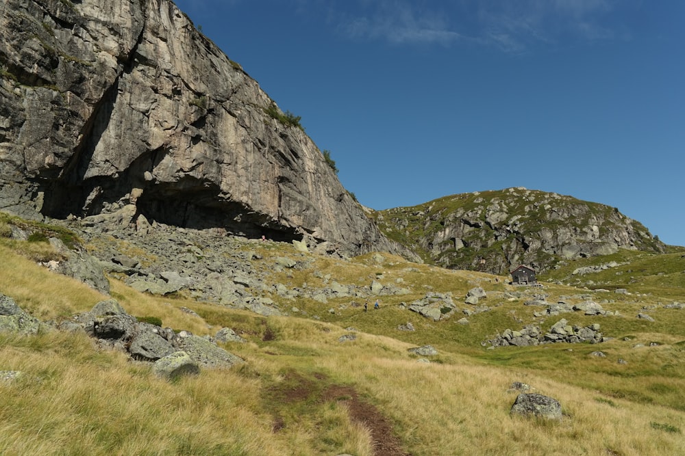 ein grasbewachsenes Feld mit einer großen Felsformation im Hintergrund