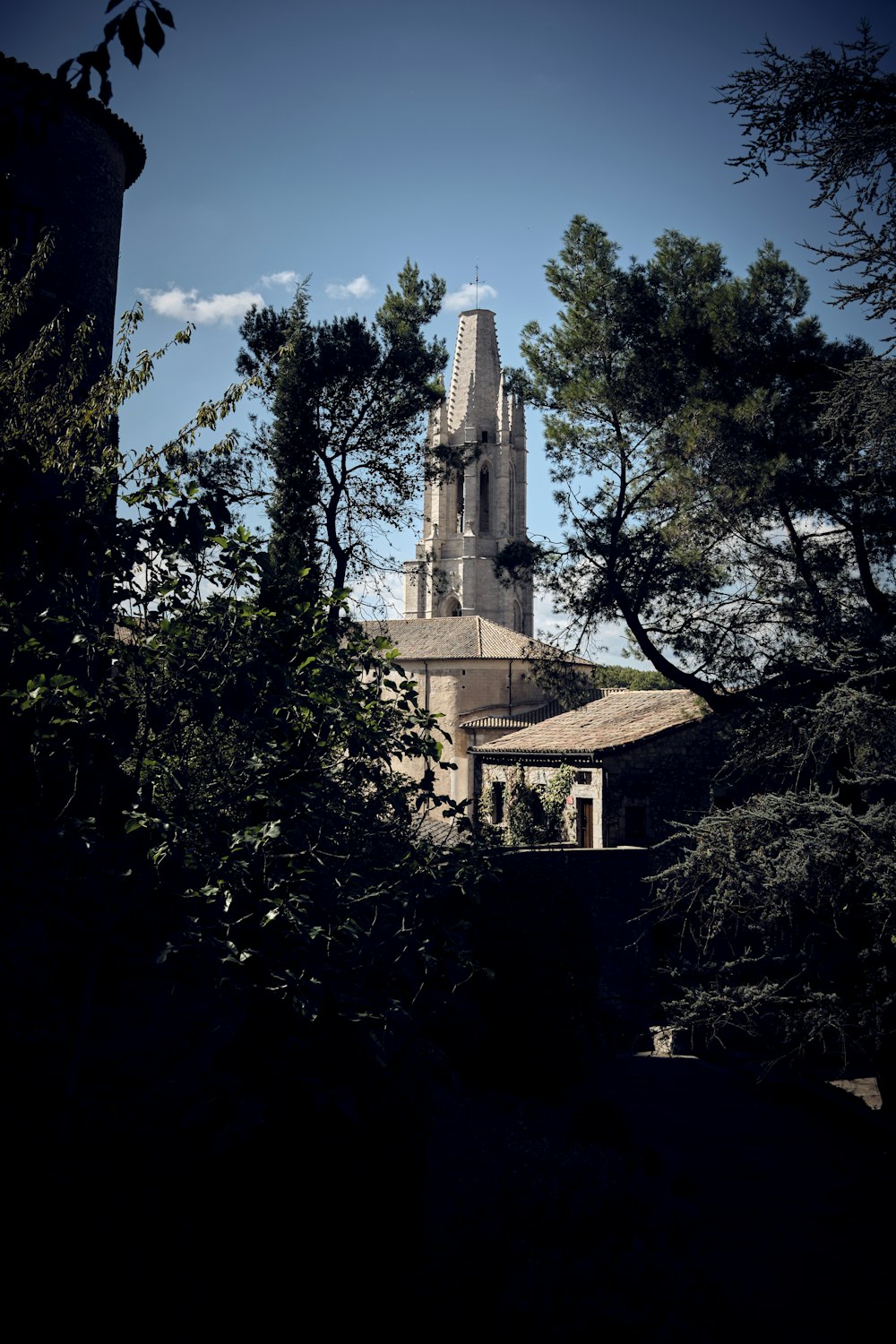 a tall building with a tower surrounded by trees