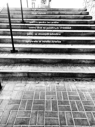 A black and white photograph of a staircase with poetry written on the steps in Polish. The stairs are made of brick and concrete, with railings on either side. The text is arranged neatly across several steps.