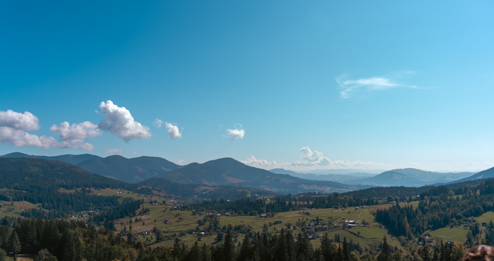 a scenic view of a valley with mountains in the background