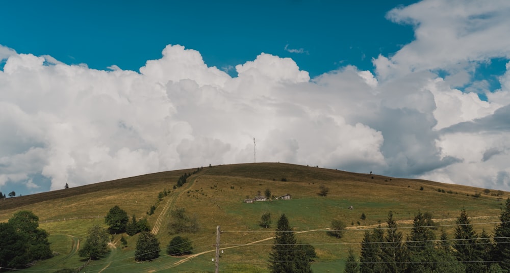 a hill with trees and clouds in the background