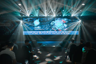 A sleek virtual event interface showing interactive schedules and vendor profiles.
