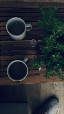 Cozy slippers resting beside a warm cup of tea on a wooden floor.