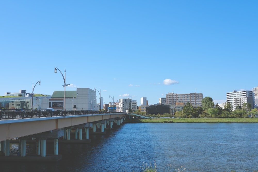 a bridge over a body of water with buildings in the background