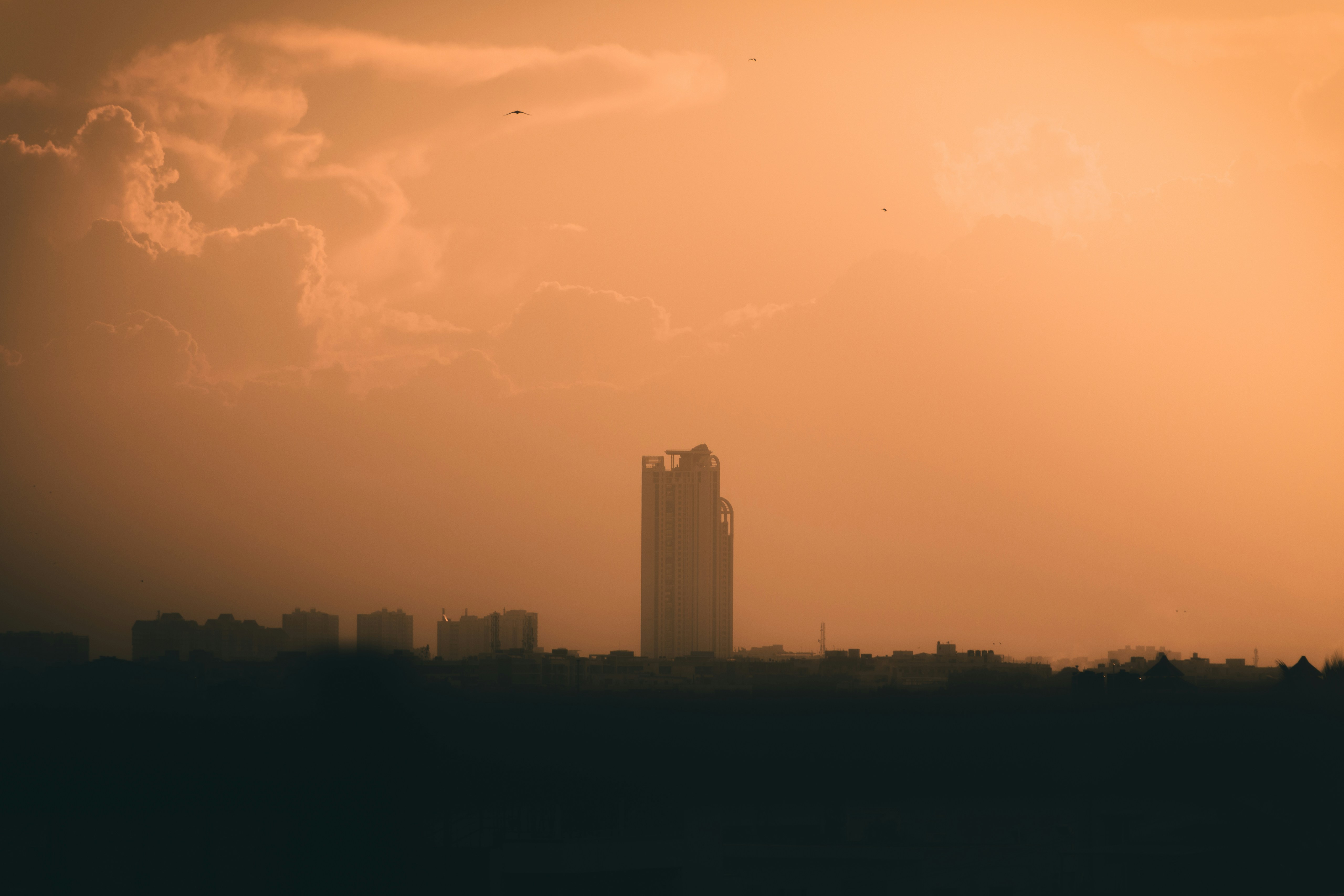 曇り空の下、街にそびえる高層ビル