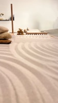 Natural elements like stones and flowers arranged for a calming effect.