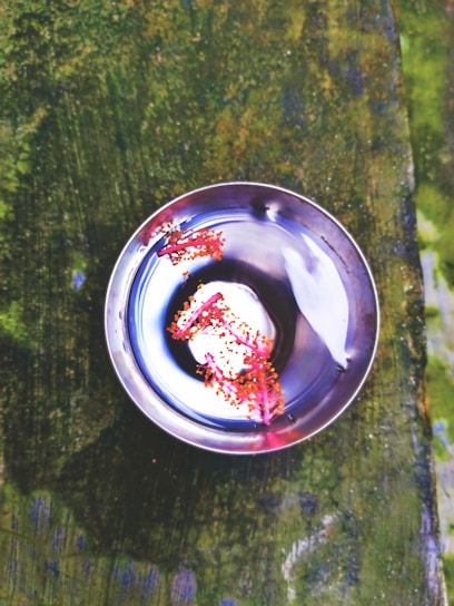 A metallic bowl containing a piece of white tofu garnished with bright red chili flakes, set on a textured green surface. The combination of smooth, reflective metal and vibrant colors creates an interesting contrast.