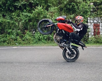 A motorcyclist performs a wheelie on a red motorcycle along a paved road bordered by dense green foliage. The rider is wearing a colorful helmet and protective gear.