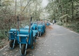 a row of blue carts sitting on the side of a road