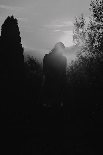 A shadowy figure standing at the edge of a misty forest under a pale moon.