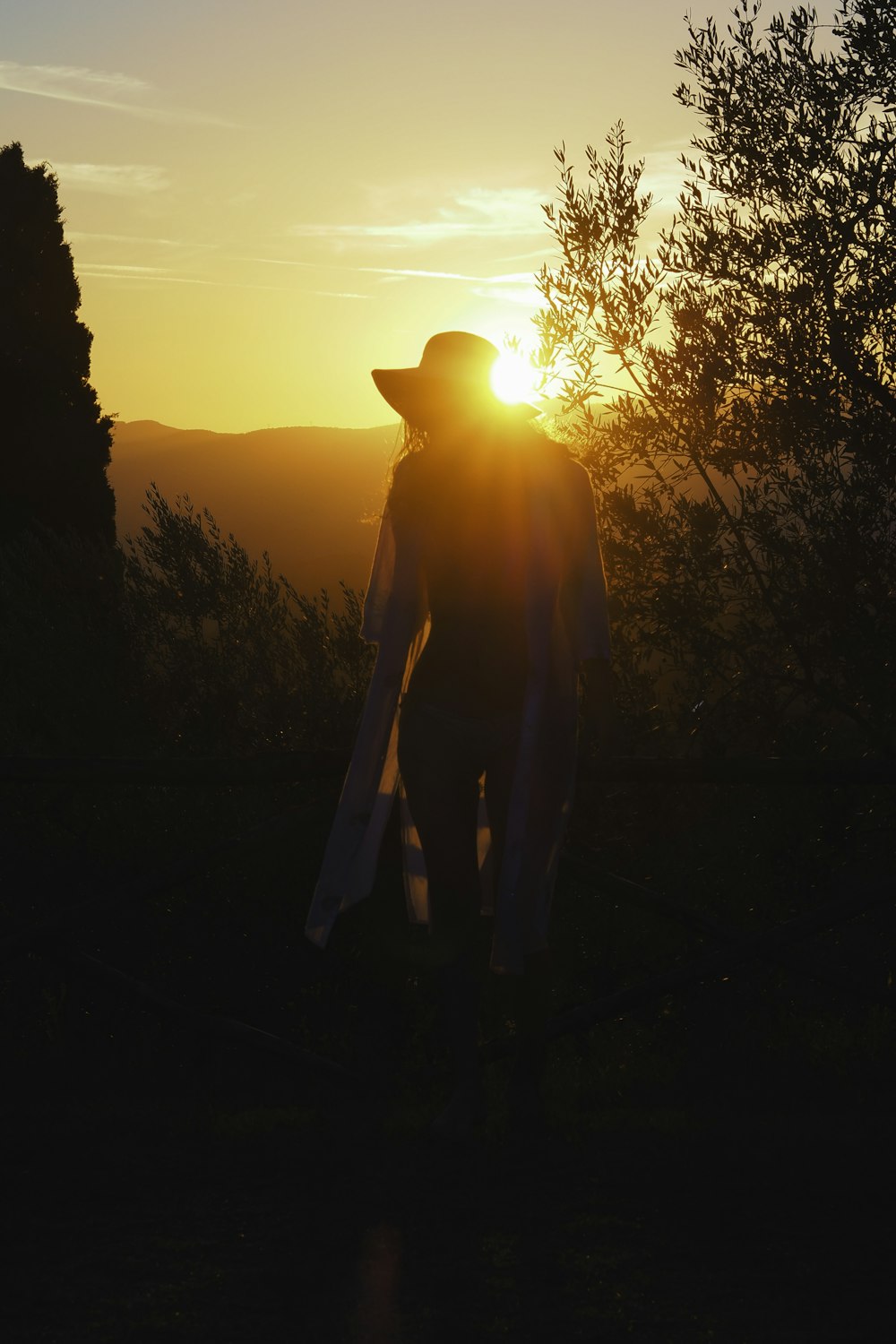 a person with a hat and scarf standing in front of the sun