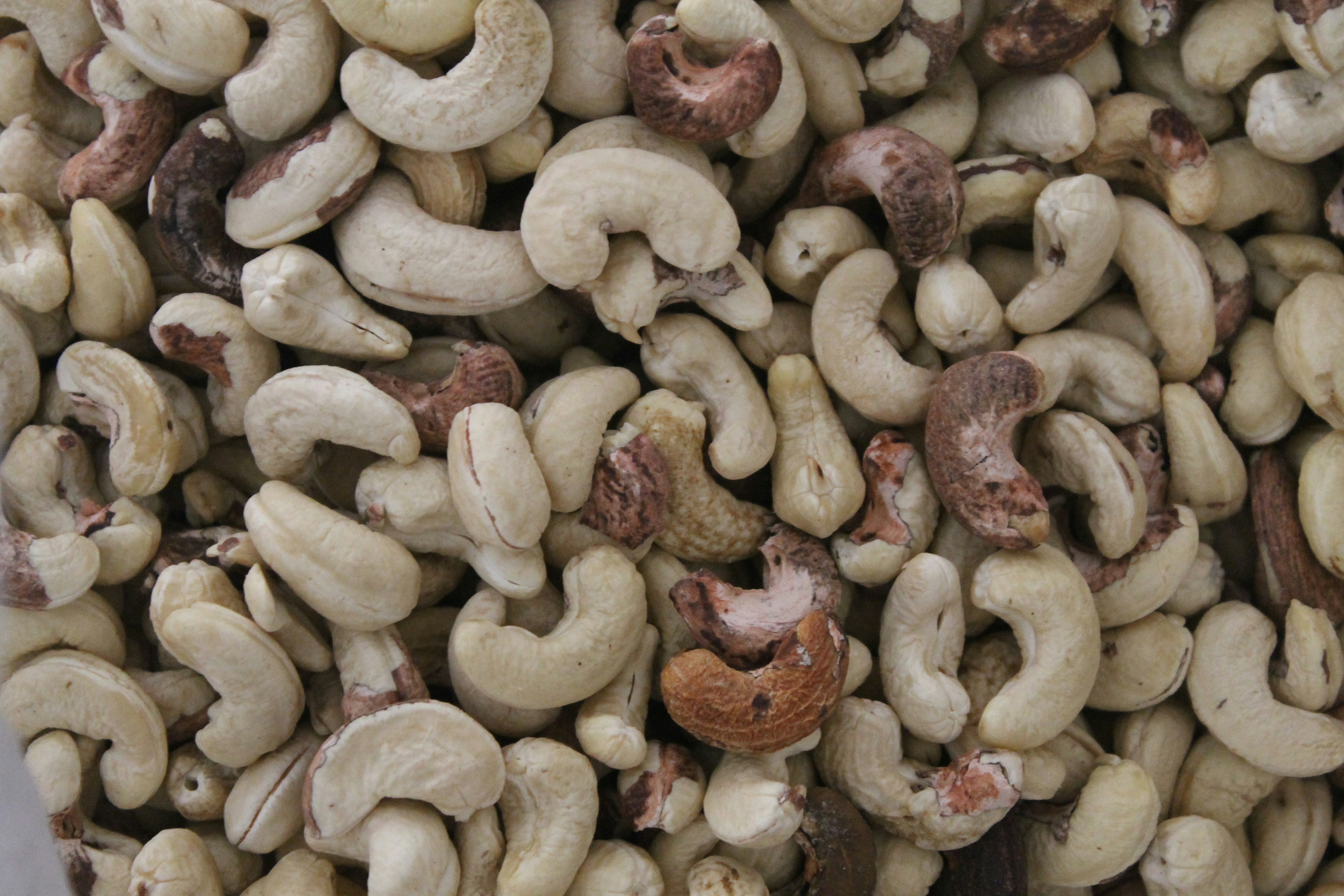 Whole cashew nuts in a pile, cream colored, premium dry fruit