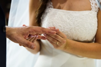 A close-up view of a wedding ceremony where a woman is placing a ring on a man's finger. The woman is wearing a white bridal gown with lace detailing, and the focus is on their hands and the rings.