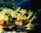 A textured and abstract composition featuring swirling patterns of green, blue, yellow, and red. The colors blend together, creating shapes that resemble nature-inspired forms or surreal landscapes. The paint appears layered and dynamic, with a glossy finish reflecting light.
