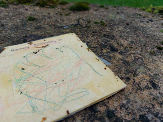 A close-up of a creepy birthday invitation with cryptic symbols and faded text.