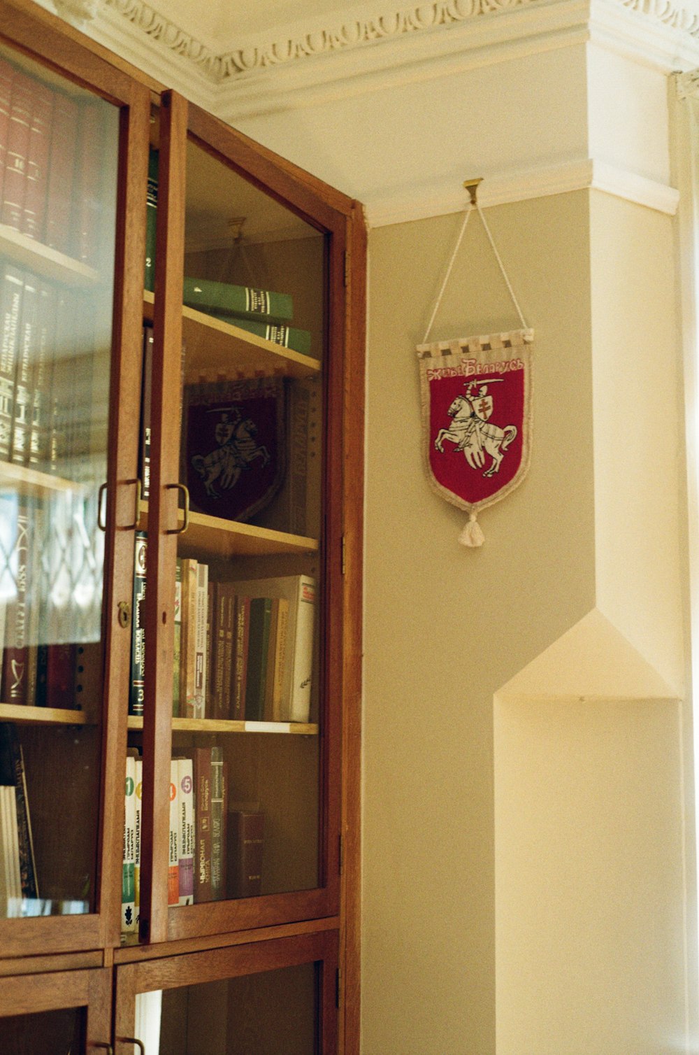 a bookshelf with a coat of arms hanging on the wall