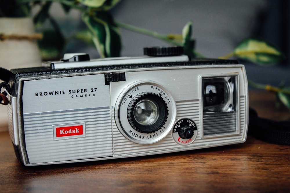 an old camera sitting on a table next to a potted plant